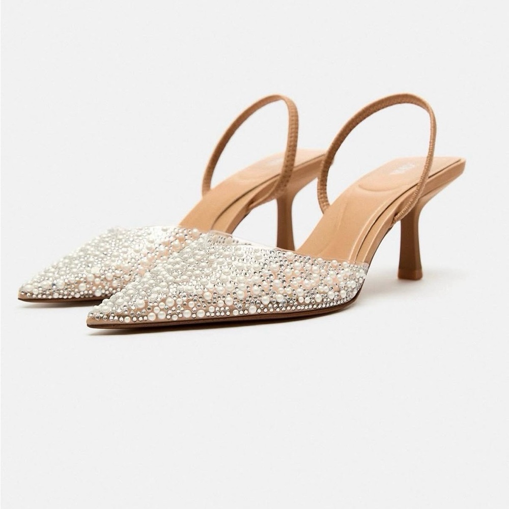 Zara Pearl-Embellished Nude Slingback Heels
